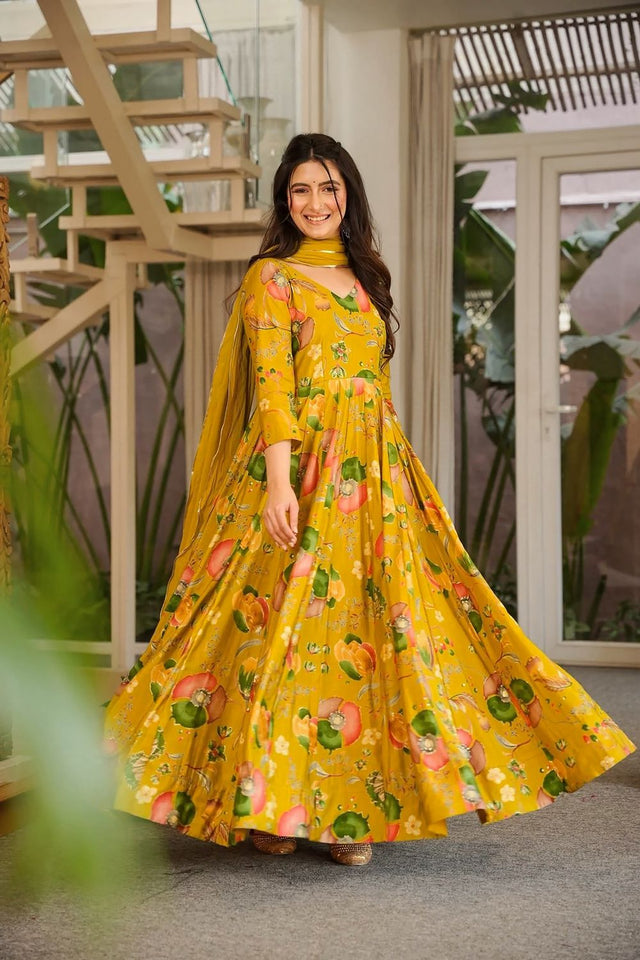Mustard Floral Printed Rayon Gown (ACA8547)
