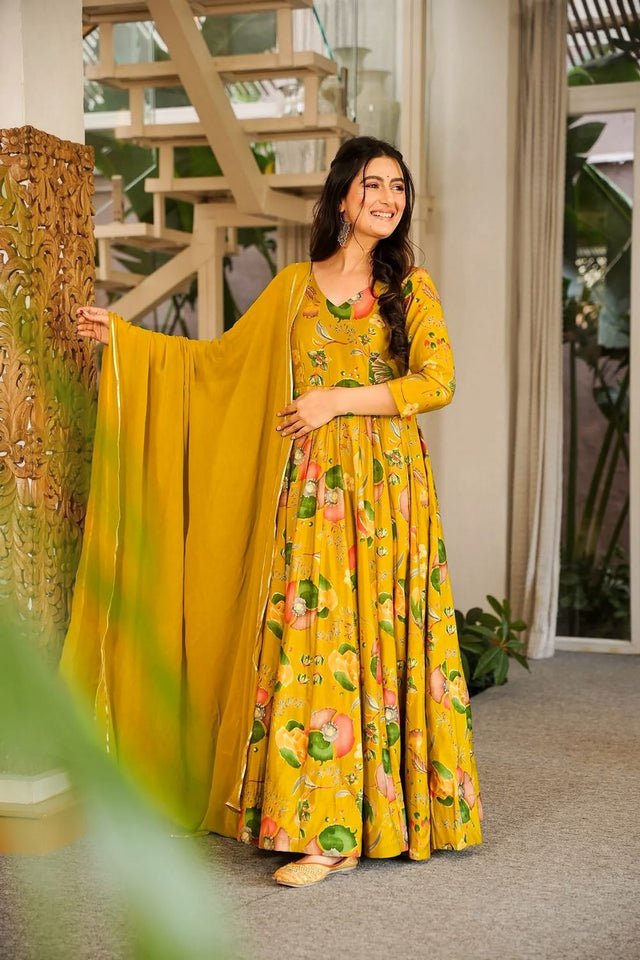 Mustard Floral Printed Rayon Gown (ACA8547)