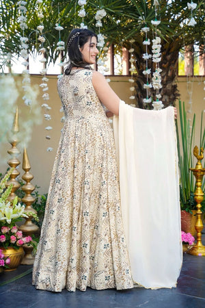Off White Floral Printed Rayon Gown (ACA8548)