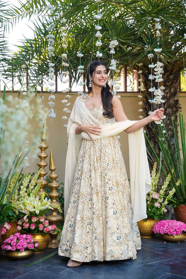 Off White Floral Printed Rayon Gown (ACA8548)