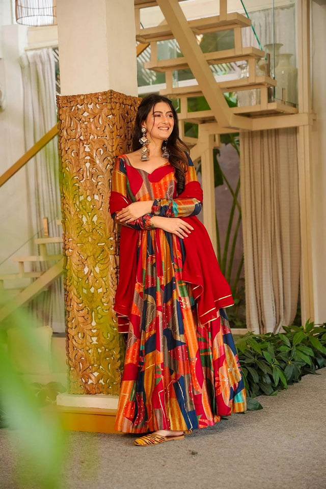 Red Printed Rayon Gown (ACA8549)
