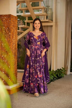 Violet Floral Printed Rayon Gown (ACA8550)