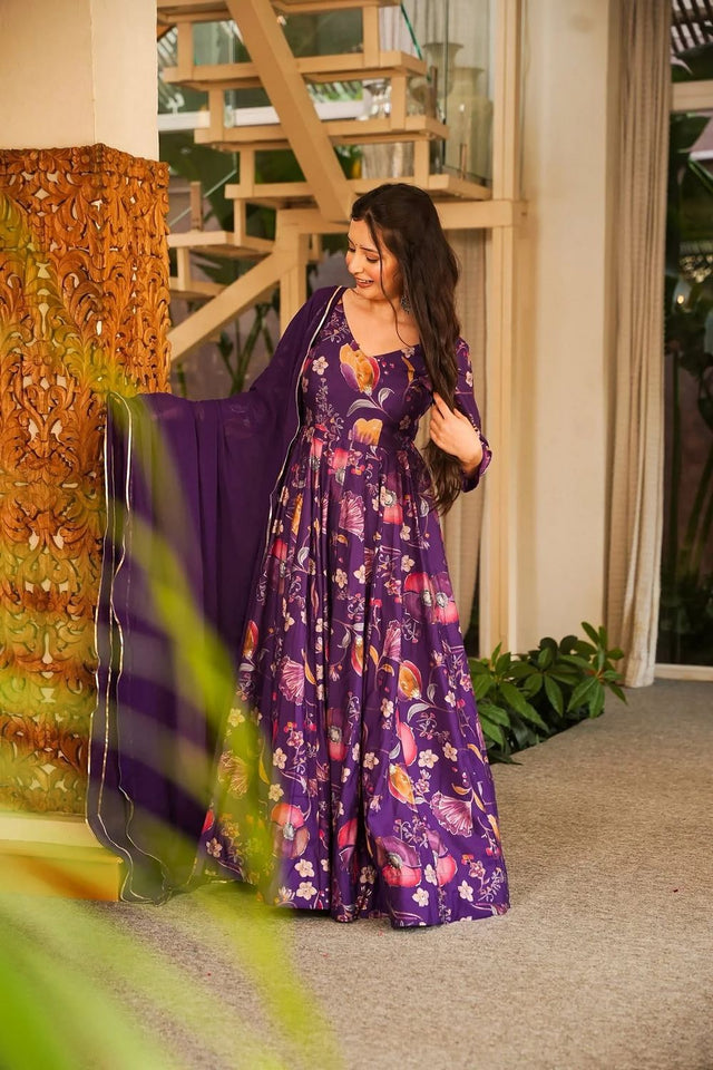 Violet Floral Printed Rayon Gown (ACA8550)
