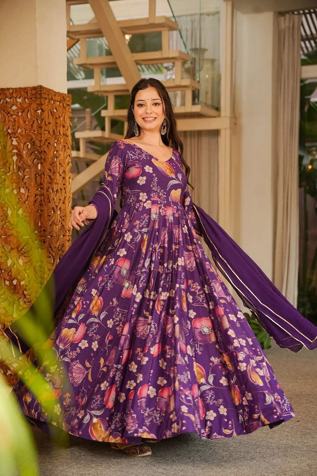 Violet Floral Printed Rayon Gown (ACA8550)