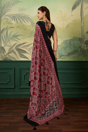 Maroon Mirror Work with Printed Chinon Saree (ACA8551)