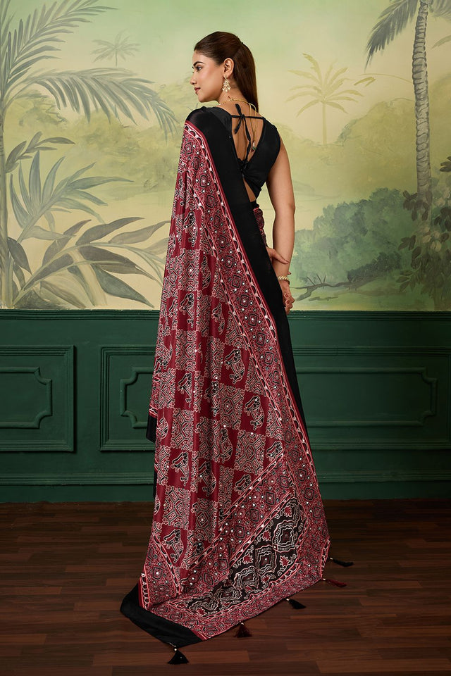 Maroon Mirror Work with Printed Chinon Saree (ACA8551)
