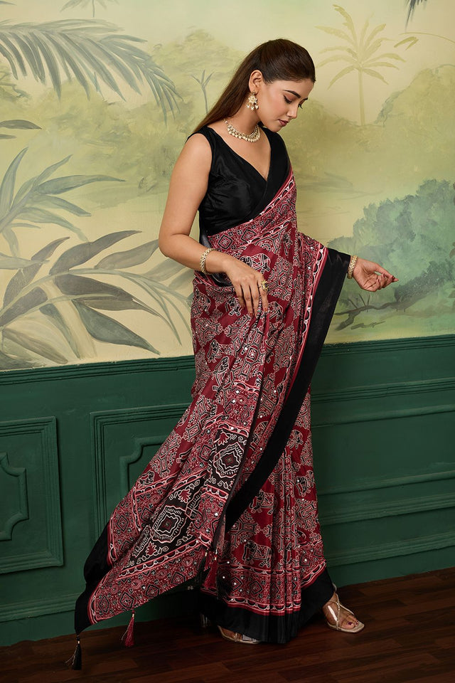 Maroon Mirror Work with Printed Chinon Saree (ACA8551)