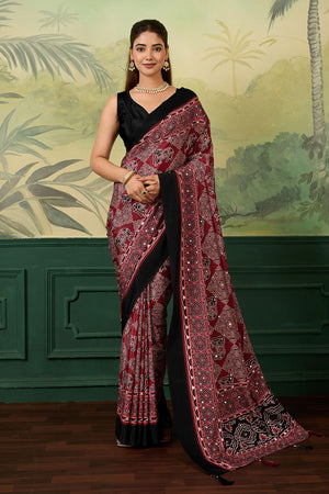 Maroon Mirror Work with Printed Chinon Saree (ACA8551)