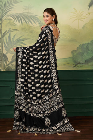 Black Mirror Work with Printed Chinon Saree (ACA8552)