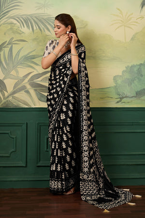 Black Mirror Work with Printed Chinon Saree (ACA8552)