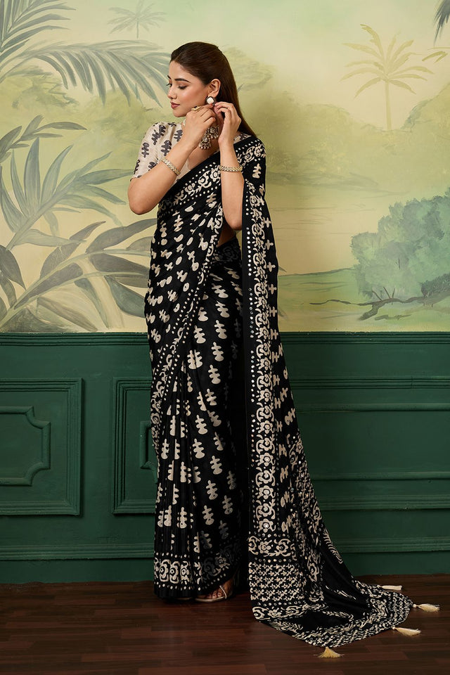 Black Mirror Work with Printed Chinon Saree (ACA8552)
