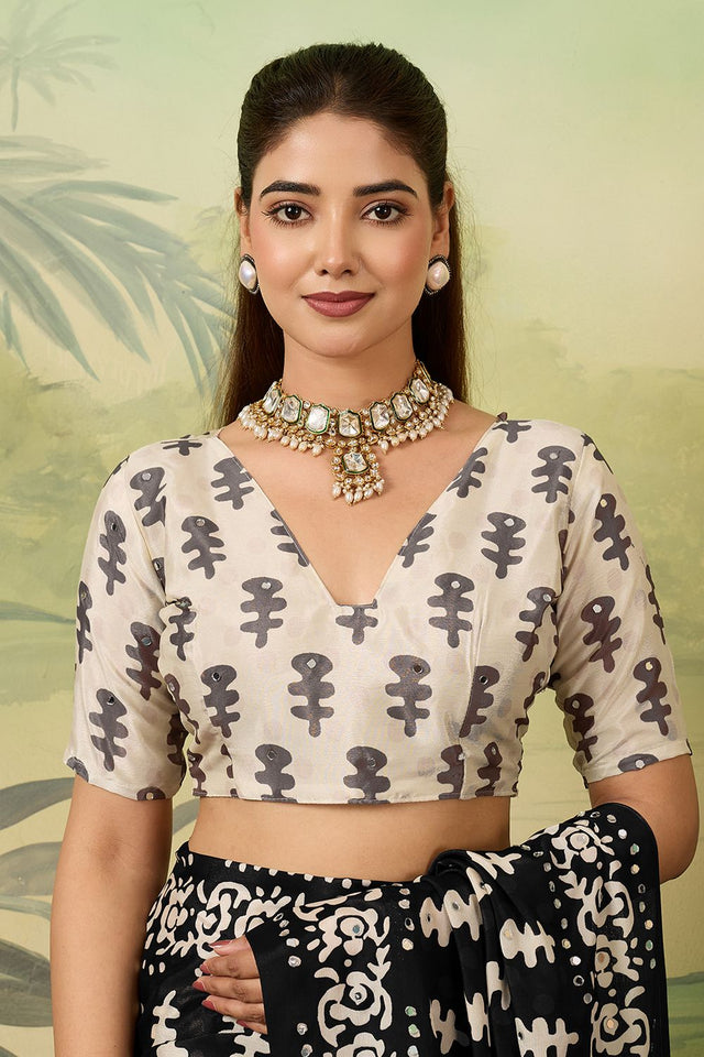 Black Mirror Work with Printed Chinon Saree (ACA8552)