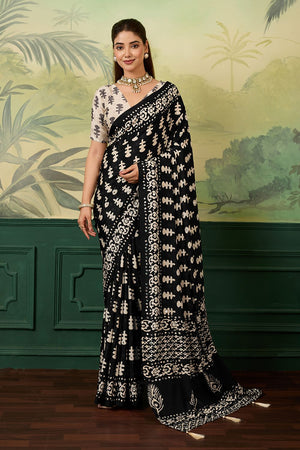Black Mirror Work with Printed Chinon Saree (ACA8552)