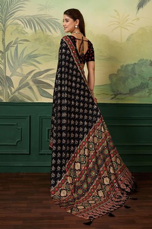 Black Mirror Work with Printed Chinon Saree (ACA8553)