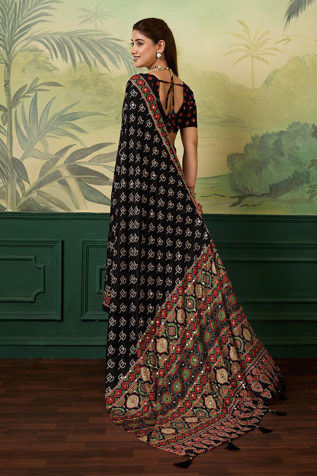 Black Mirror Work with Printed Chinon Saree (ACA8553)