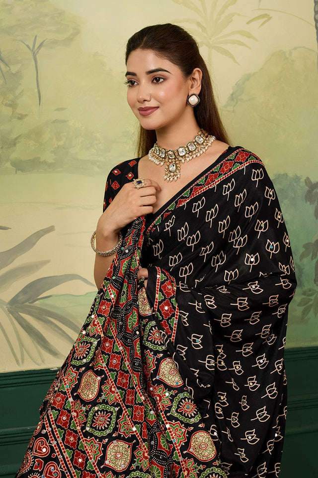 Black Mirror Work with Printed Chinon Saree (ACA8553)
