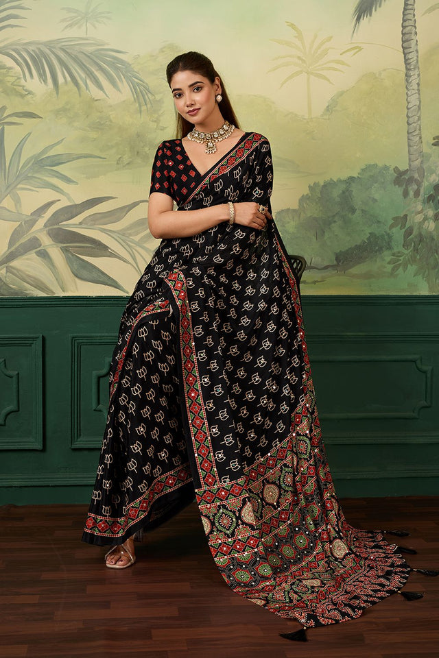 Black Mirror Work with Printed Chinon Saree (ACA8553)