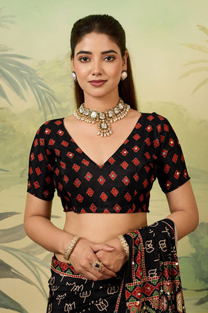 Black Mirror Work with Printed Chinon Saree (ACA8553)