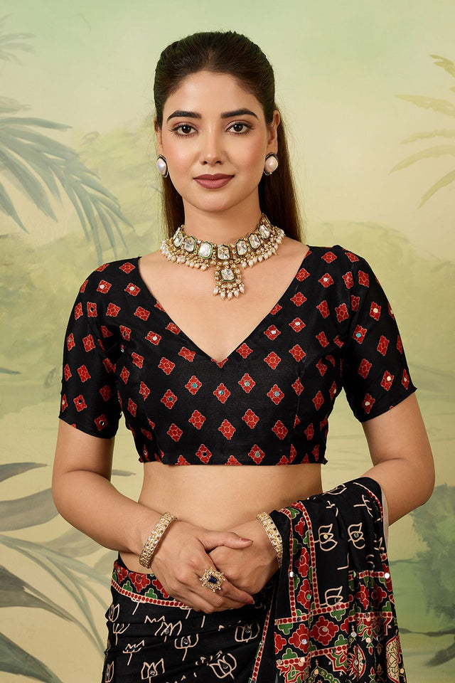 Black Mirror Work with Printed Chinon Saree (ACA8553)