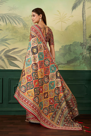Multi Color Mirror Work with Printed Silk Blend Saree (ACA8554)