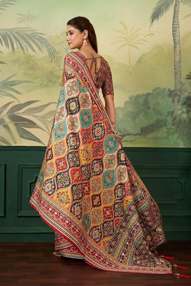 Multi Color Mirror Work with Printed Silk Blend Saree (ACA8554)