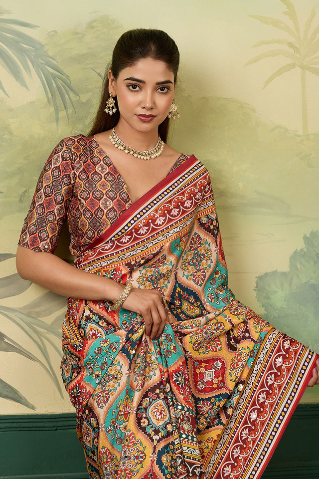 Multi Color Mirror Work with Printed Silk Blend Saree (ACA8554)