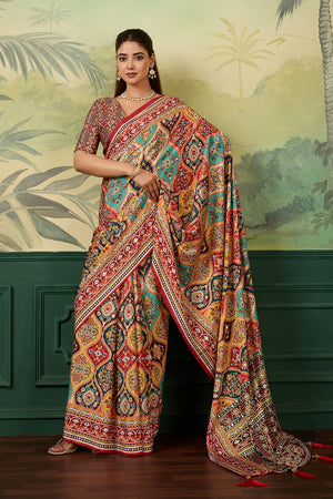 Multi Color Mirror Work with Printed Silk Blend Saree (ACA8554)