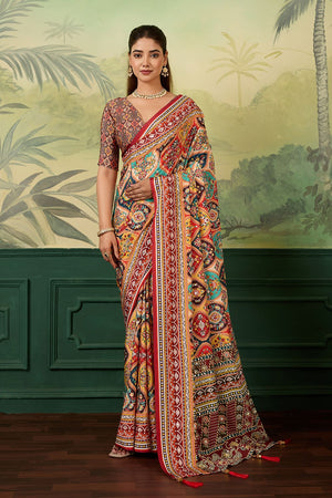 Multi Color Mirror Work with Printed Silk Blend Saree (ACA8554)