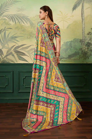 Multi Color Mirror Work with Printed Silk Blend Saree (ACA8555)