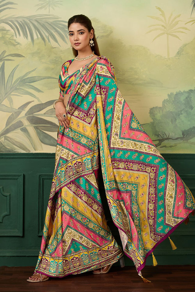 Multi Color Mirror Work with Printed Silk Blend Saree (ACA8555)