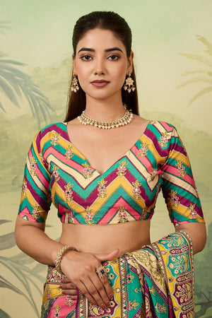 Multi Color Mirror Work with Printed Silk Blend Saree (ACA8555)