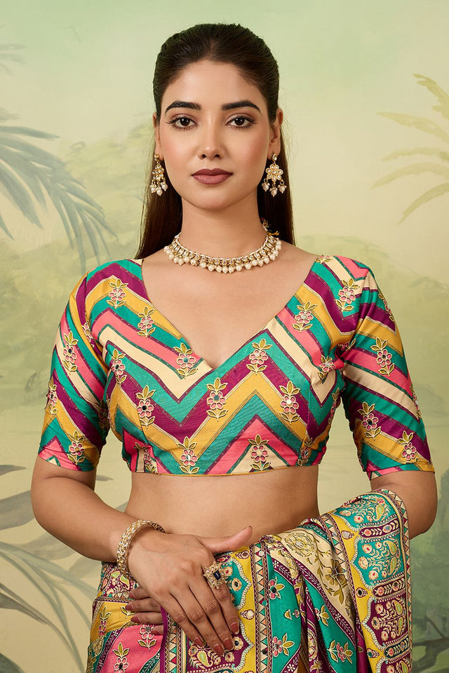Multi Color Mirror Work with Printed Silk Blend Saree (ACA8555)