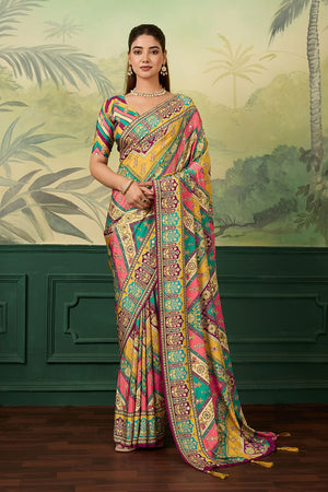 Multi Color Mirror Work with Printed Silk Blend Saree (ACA8555)