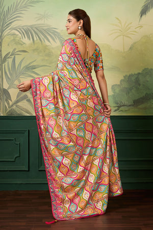 Multi Color Mirror Work with Printed Silk Blend Saree (ACA8556)
