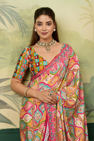 Multi Color Mirror Work with Printed Silk Blend Saree (ACA8556)