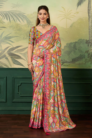 Multi Color Mirror Work with Printed Silk Blend Saree (ACA8556)