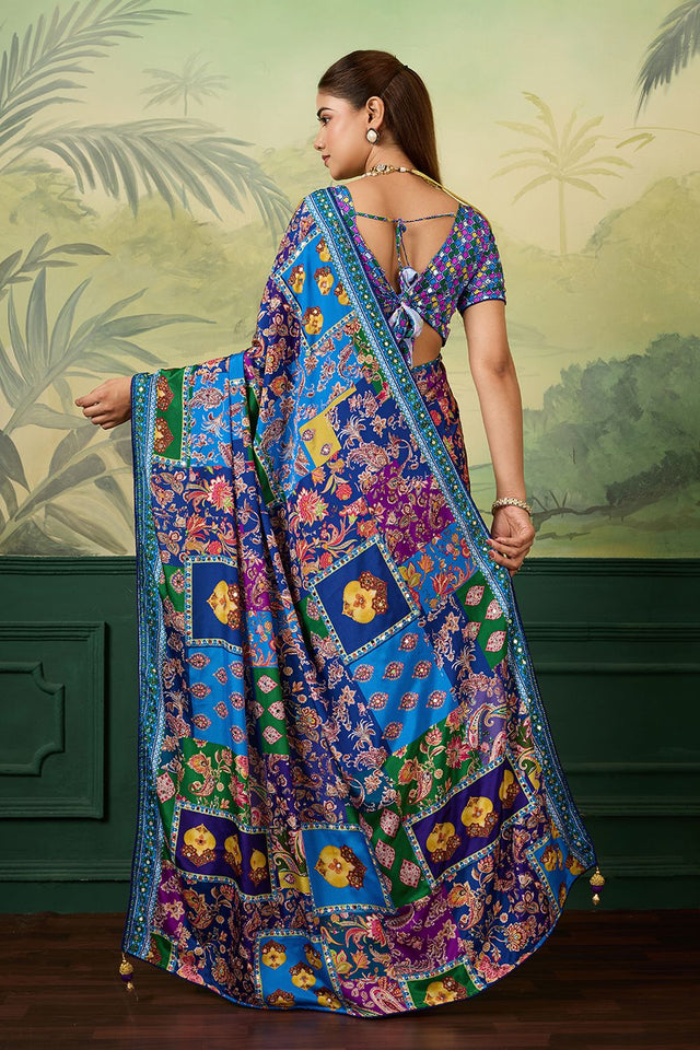 Blue Mirror Work with Printed Silk Blend Saree (ACA8557)