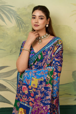 Blue Mirror Work with Printed Silk Blend Saree (ACA8557)