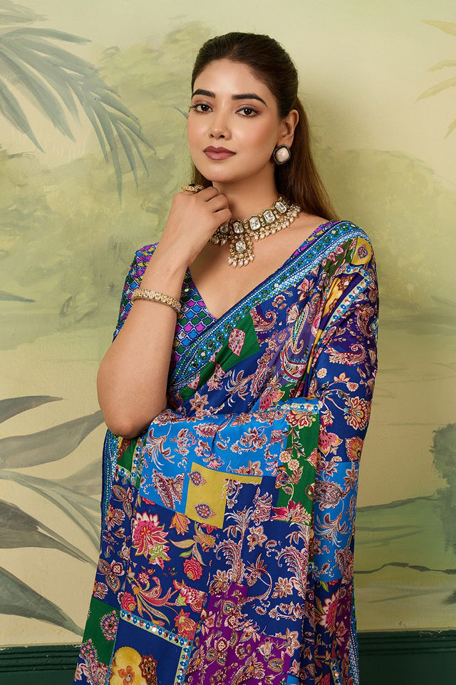 Blue Mirror Work with Printed Silk Blend Saree (ACA8557)