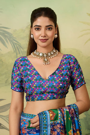 Blue Mirror Work with Printed Silk Blend Saree (ACA8557)
