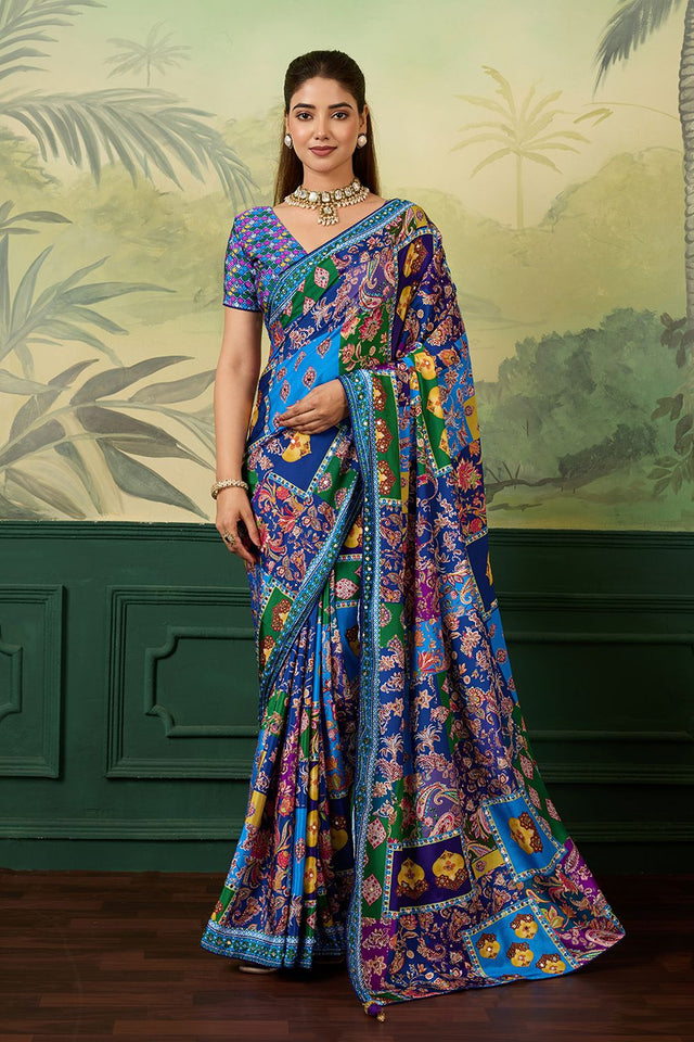 Blue Mirror Work with Printed Silk Blend Saree (ACA8557)