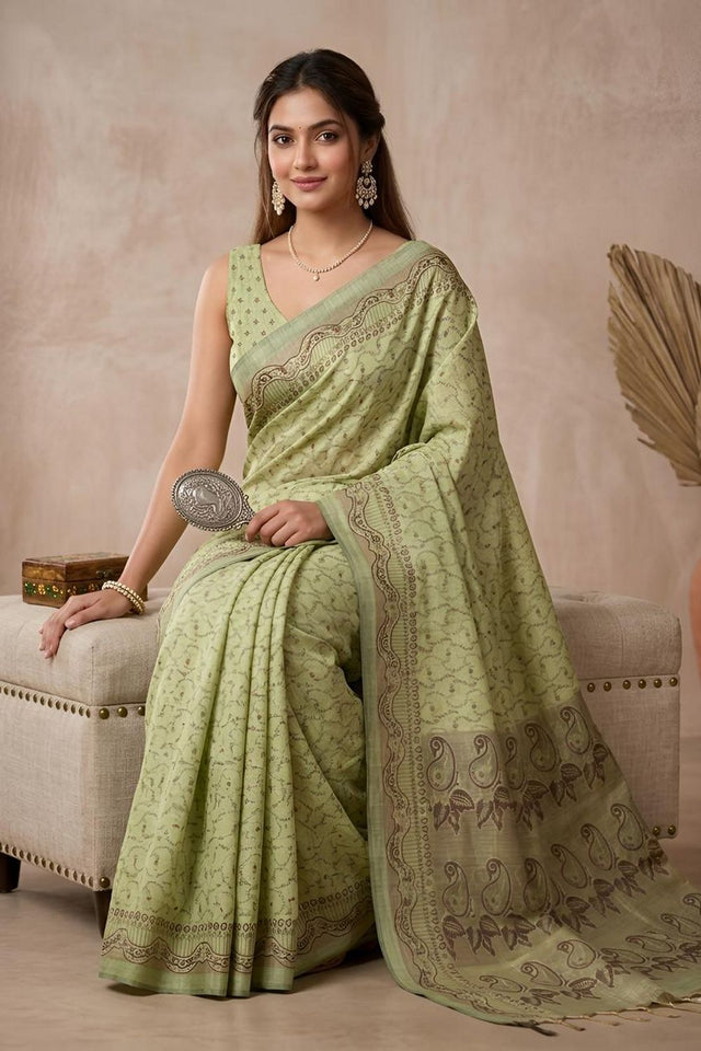 Green Woven Cotton Blend Saree (ACA8558)