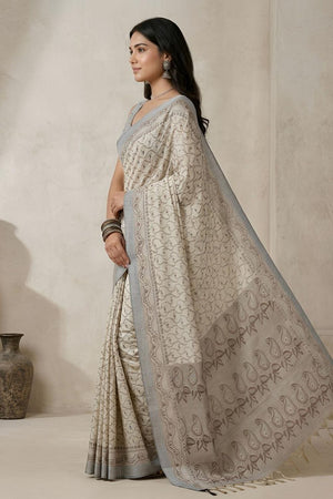 Off White Woven Cotton Blend Saree (ACA8561)