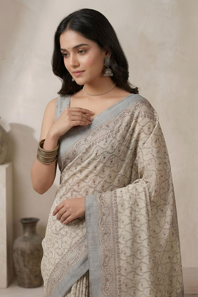 Off White Woven Cotton Blend Saree (ACA8561)