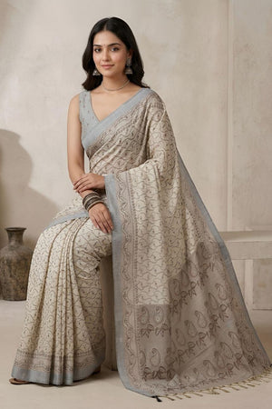 Off White Woven Cotton Blend Saree (ACA8561)