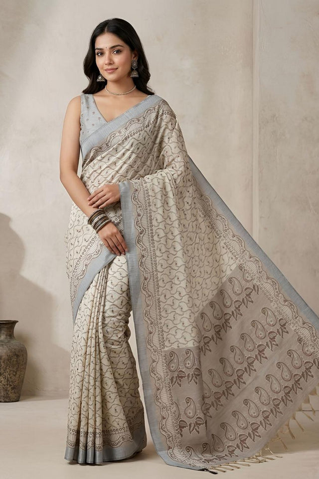 Off White Woven Cotton Blend Saree (ACA8561)