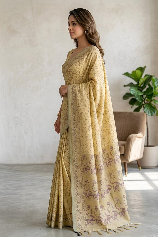 Yellow Woven Cotton Blend Saree (ACA8563)