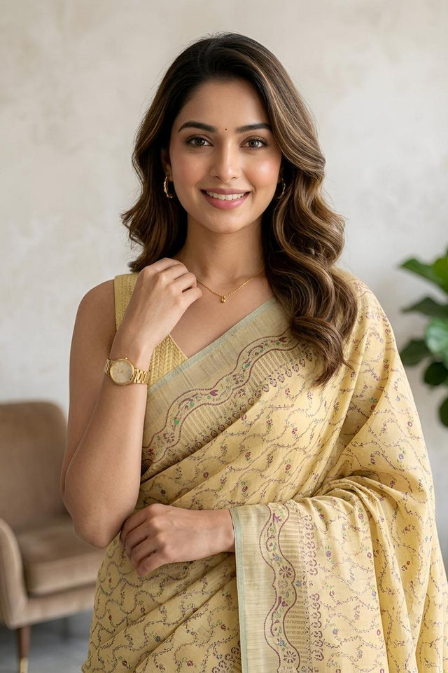 Yellow Woven Cotton Blend Saree (ACA8563)