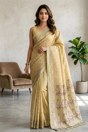 Yellow Woven Cotton Blend Saree (ACA8563)