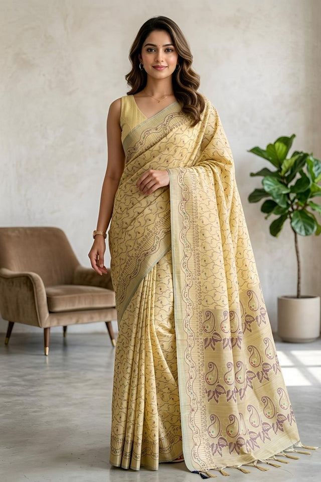 Yellow Woven Cotton Blend Saree (ACA8563)